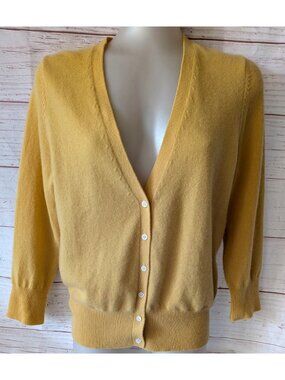 Joe Fresh Women's 100% Cashmere Cardigan Yellow V-neck Button Up 3/4 Sleeve  M